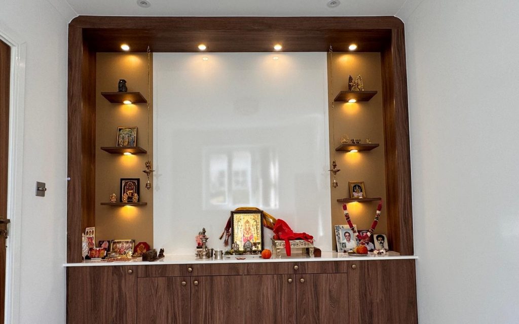 Puja Room with Wooden Frame and Illuminated Display Shelves