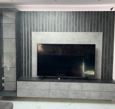 Black & White Marble TV Wall with Glass Cabinet