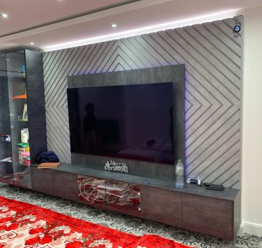 Chevron Pattern Grey Media Wall with Storage Base