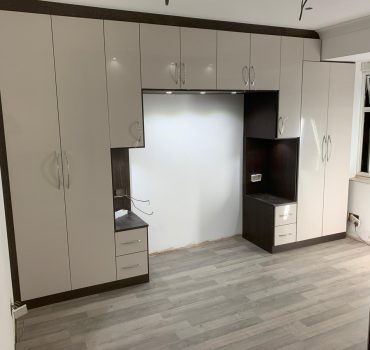 Corner Wardrobe with Overhead Cabinets and Desk Space - Dreamline Interiors