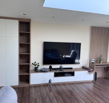 Living Room Media Wall with Integrated Desk and Storage - Dreamline Interiors