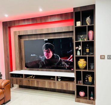 Luxury Wood & White Media Wall with Open Display Shelves