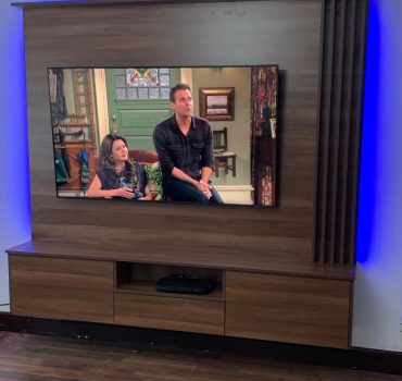 Walnut Media Wall with Blue LED Backlighting